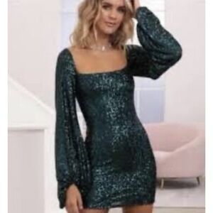 Windsor Emerald Green Sequin Mini Dress Long Bubble Sleeve Square Neck 28" S/M